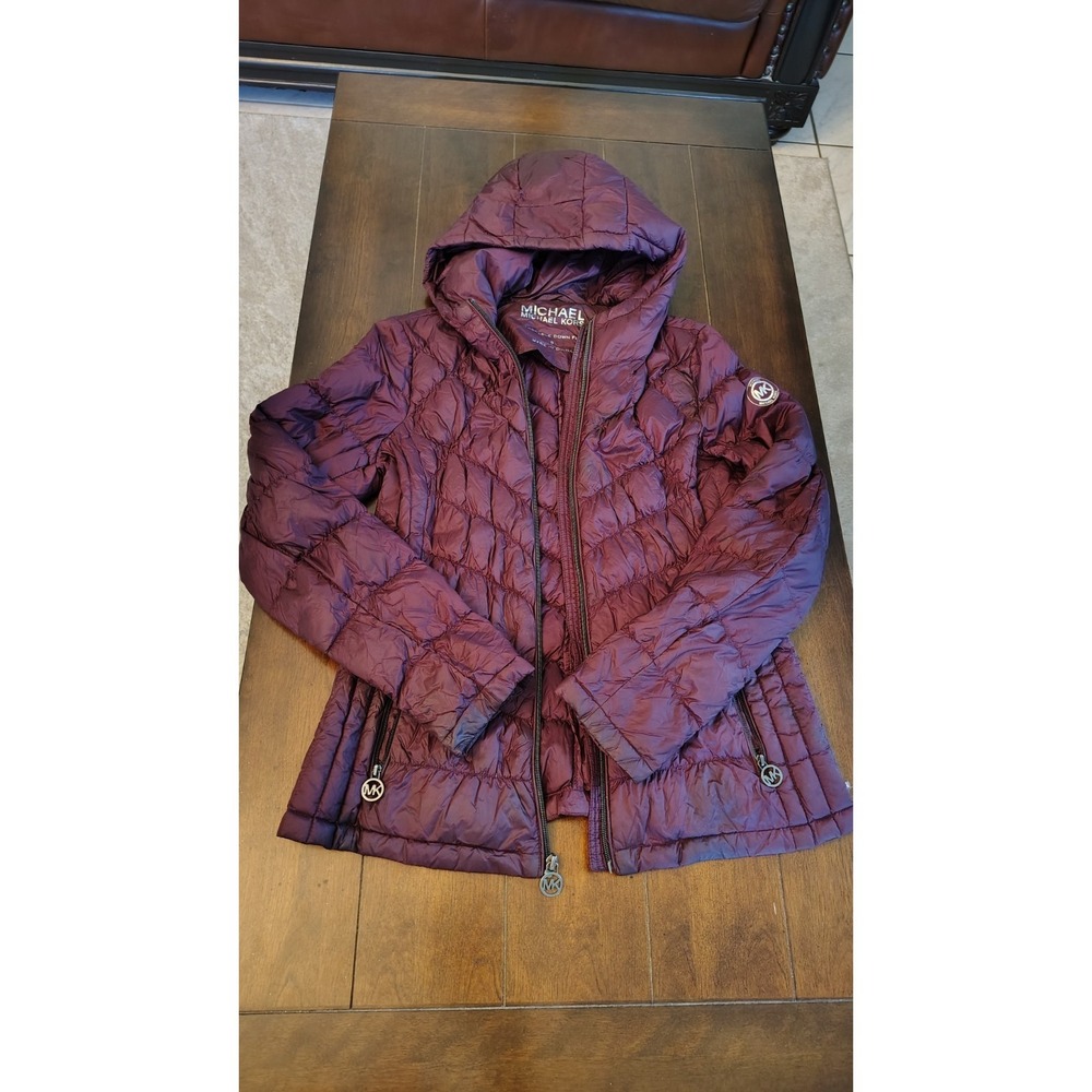 Michael Michael Kors Dark Burgundy Packable Down Fill Hoodie Puffer Jacket S